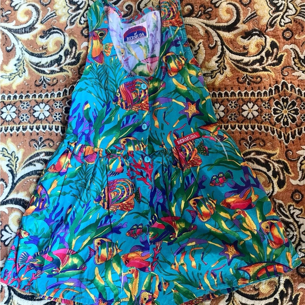 Vintage Daviison's of Bermuda Tropical Fish Turquoise Shortall Romper Playsuit